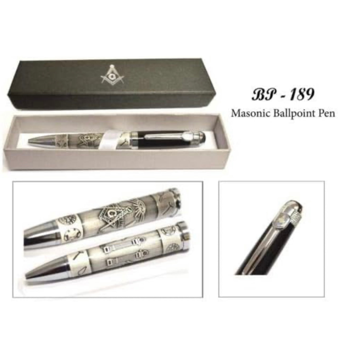 Pen Embossed Masonic Symbols on Black Cap & Pewter Plated Barrel In Gift Box With Square & Compasses Emblem