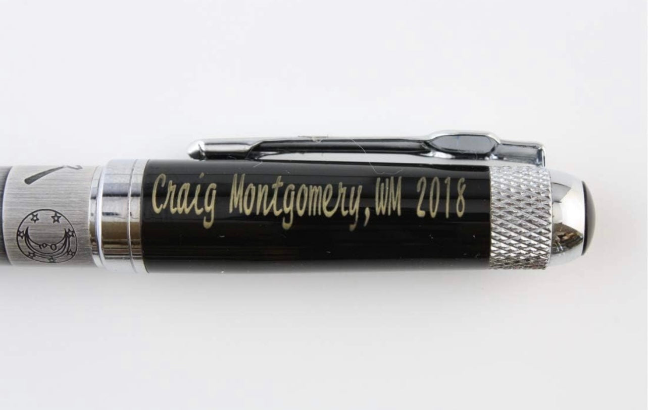 Pen Embossed Masonic Symbols on Black Cap & Pewter Plated Barrel In Gift Box With Square & Compasses Emblem