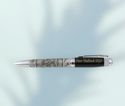 Pen Embossed Masonic Symbols on Black Cap & Pewter Plated Barrel In Gift Box With Square & Compasses Emblem