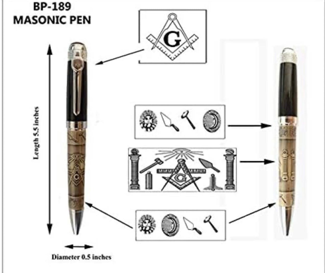Pen Embossed Masonic Symbols on Black Cap & Pewter Plated Barrel In Gift Box With Square & Compasses Emblem